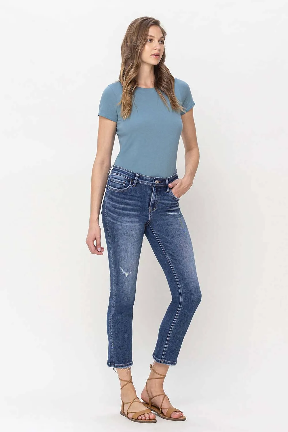 MID RISE CROP SLIM STRAIGHT JEANS