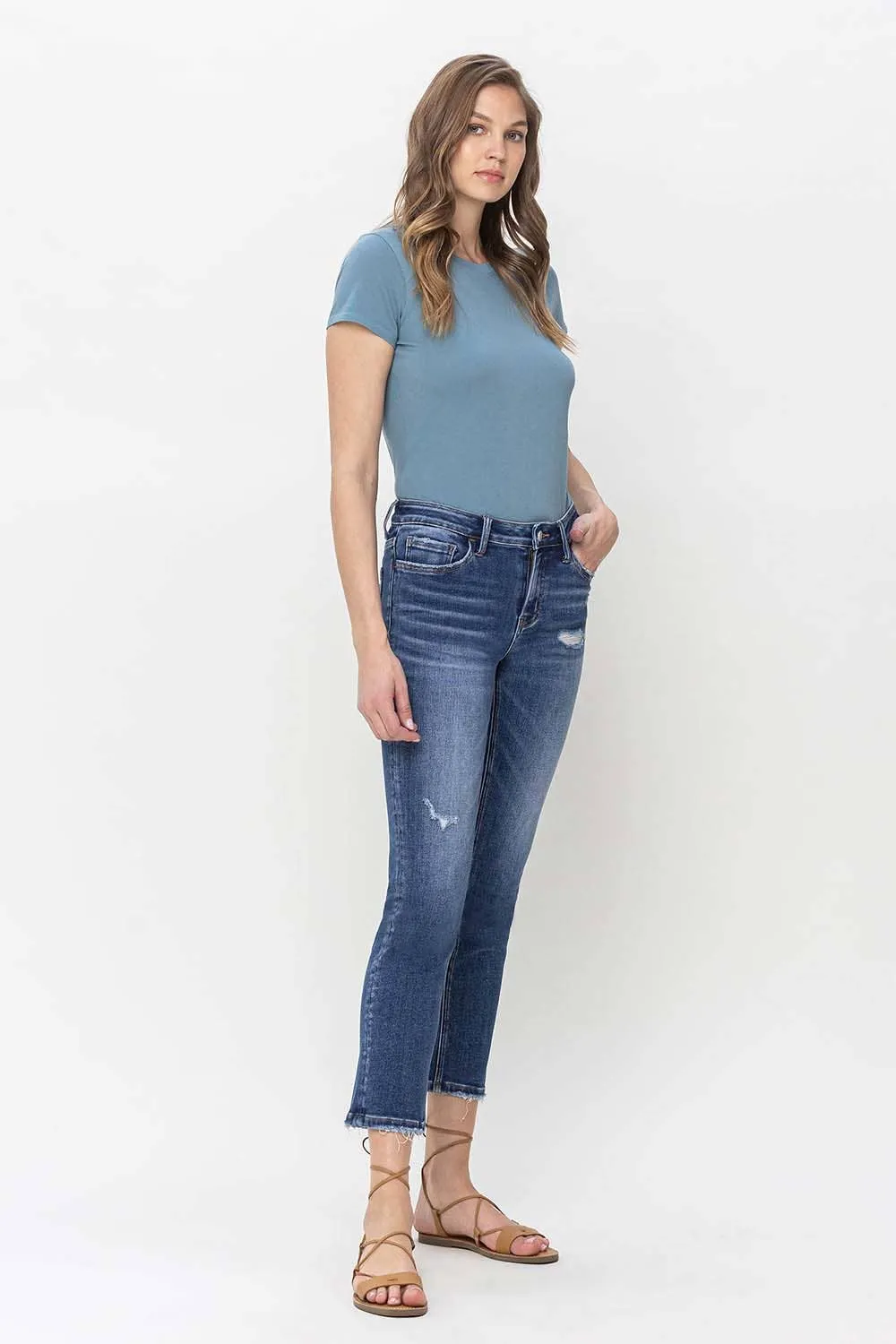 MID RISE CROP SLIM STRAIGHT JEANS