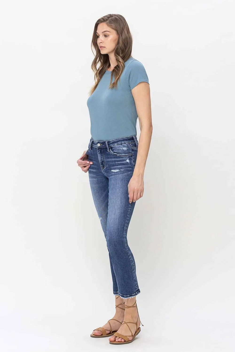 MID RISE CROP SLIM STRAIGHT JEANS