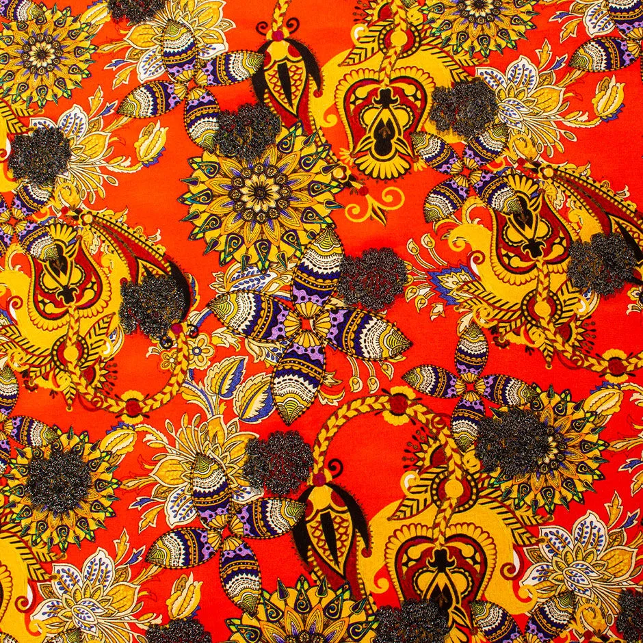 Mustard & Orange Printed Metallic Silk Crêpe de Chine