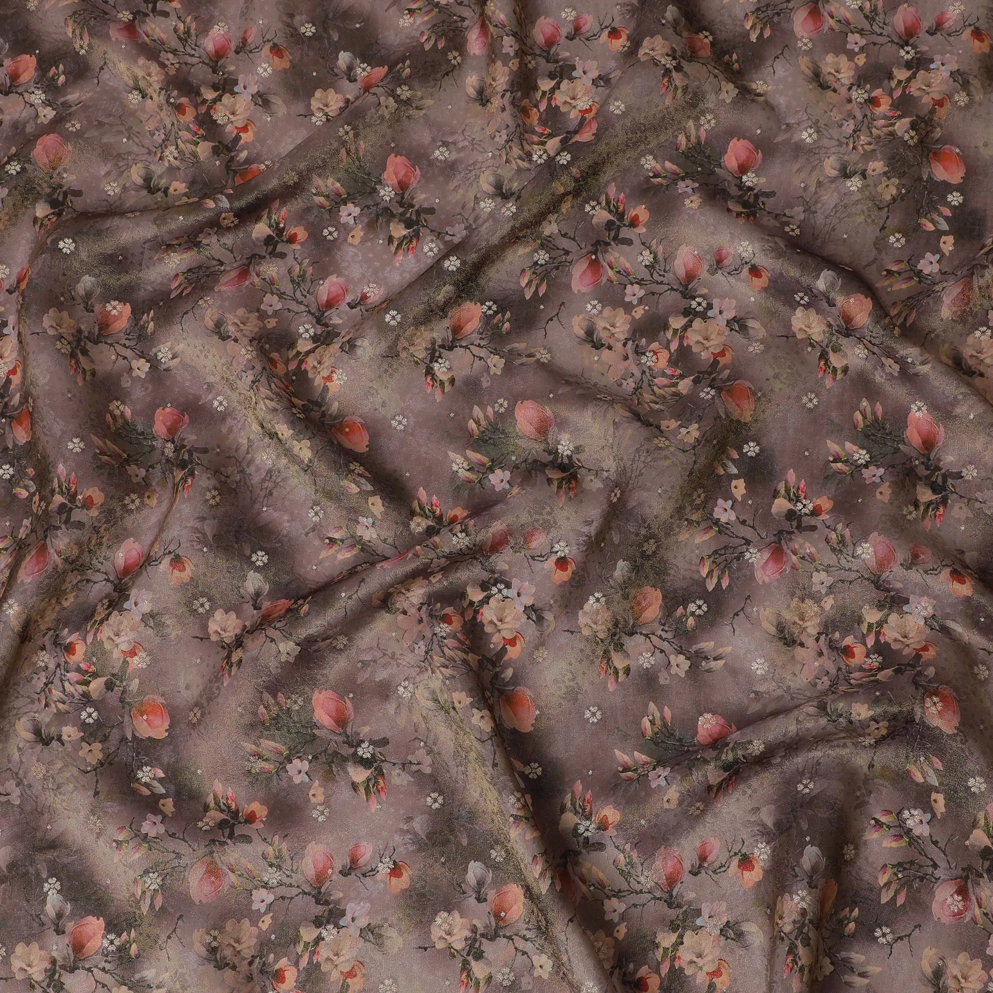 Mystic Rose Twilight Viscose Fabric, Floral Print on Smoky Background, 110 cm Wide-D19213