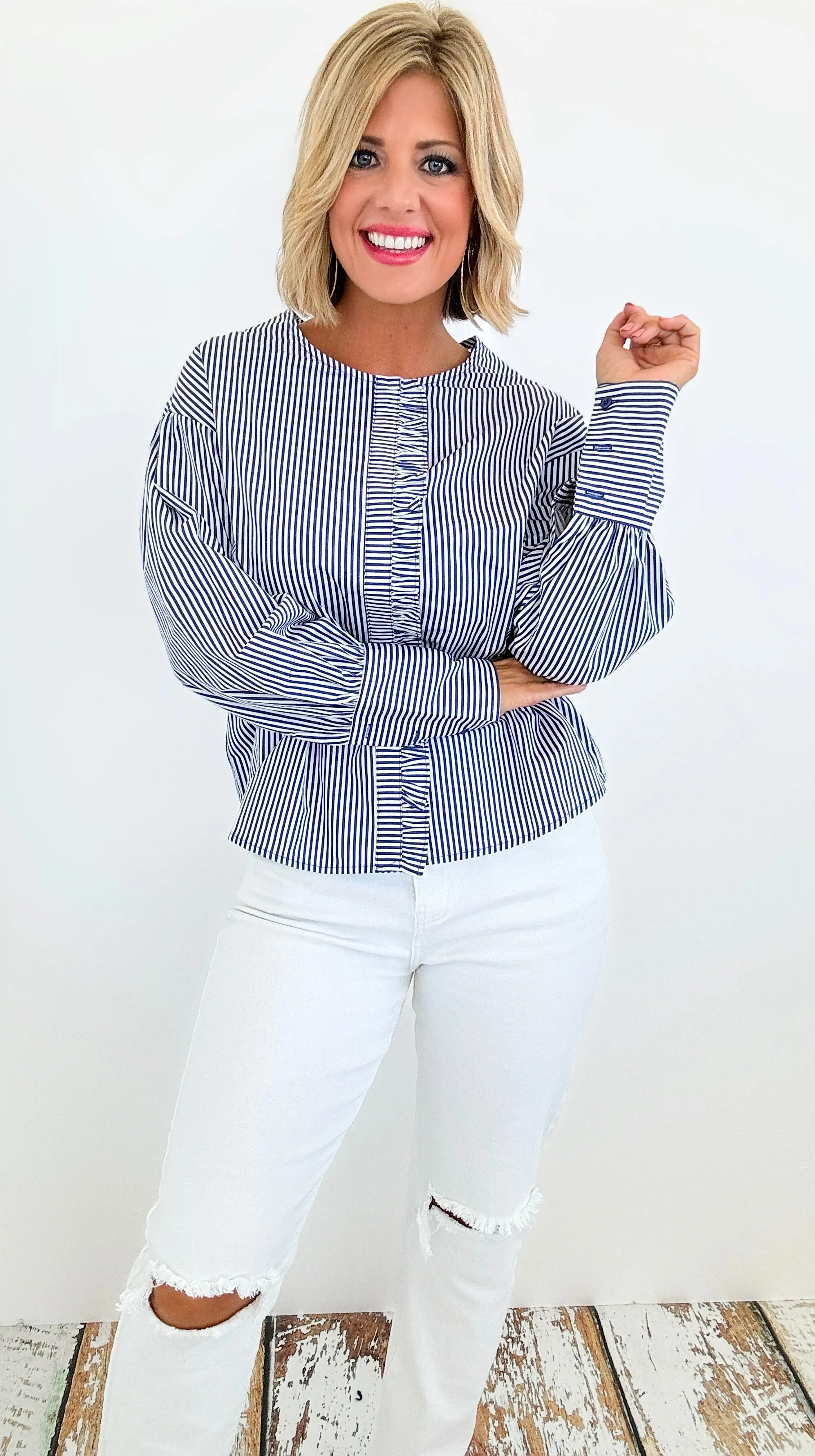 Parisian Stripe Ruffle Blouse - Blue