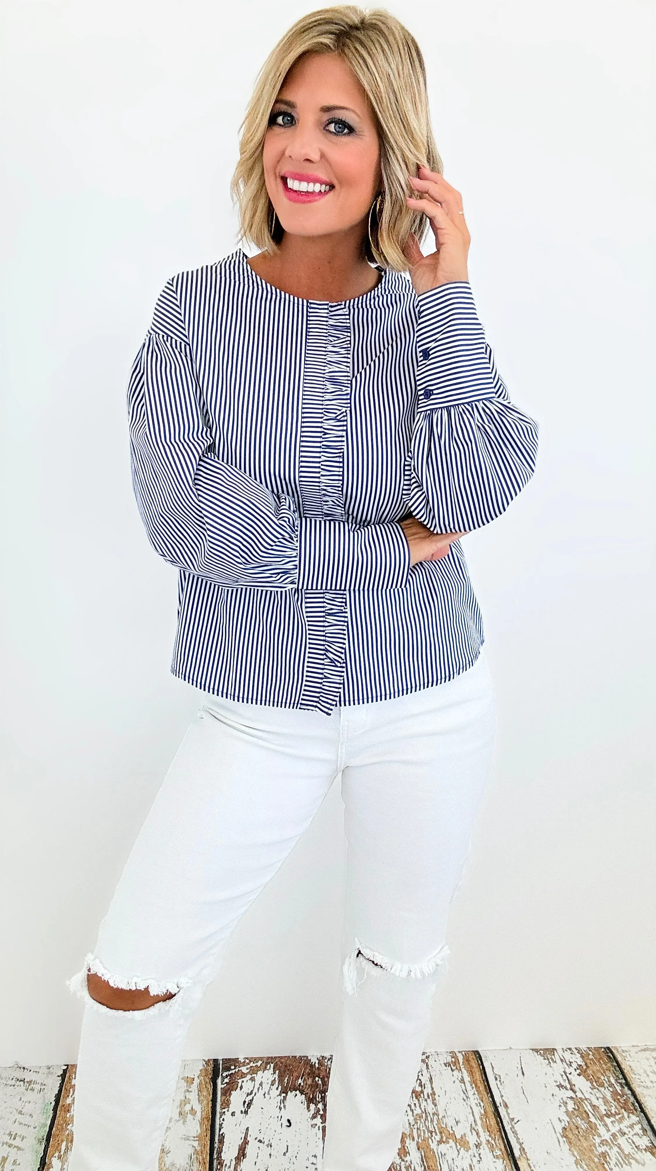 Parisian Stripe Ruffle Blouse - Blue