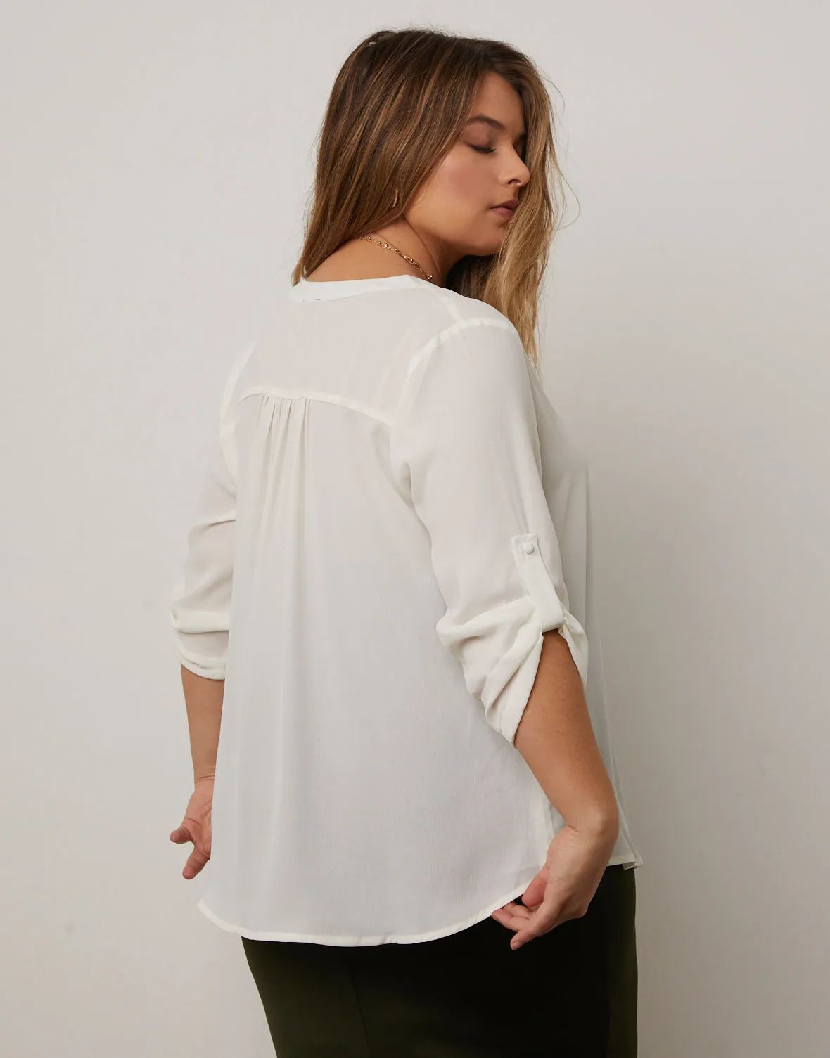 Plus Size Cuffed Sleeve Chiffon Blouse