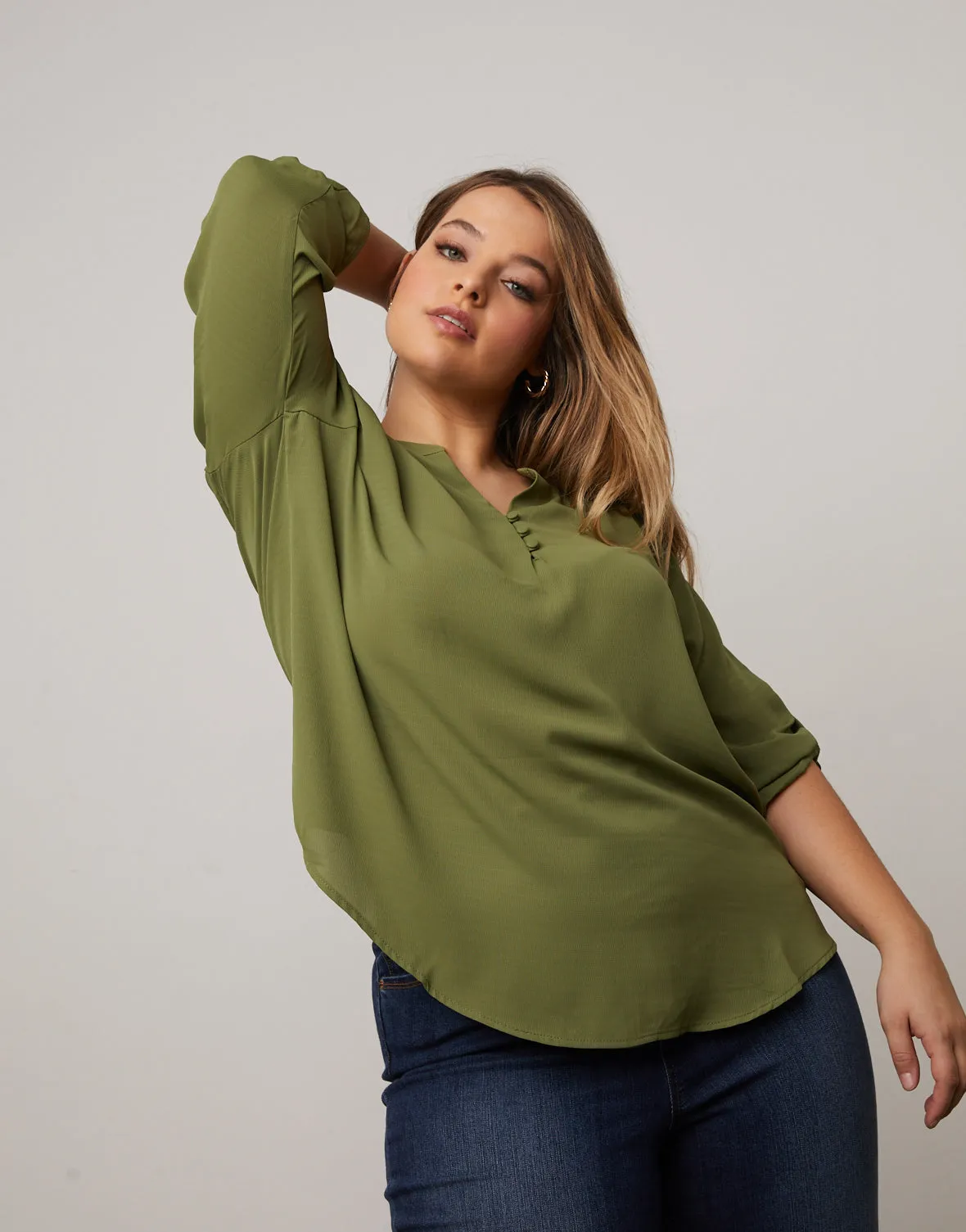 Plus Size Cuffed Sleeve Chiffon Blouse