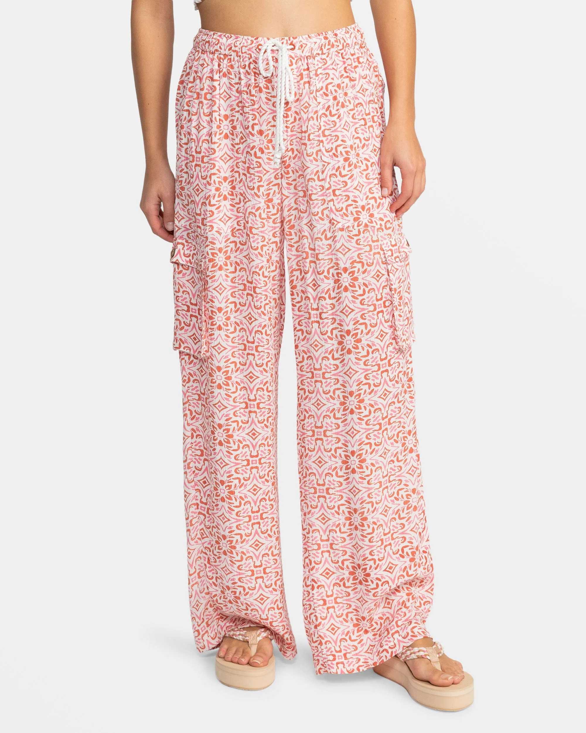 Precious Cargo Gauze High Waisted Pants - Cloud Dancer Fresco Tile