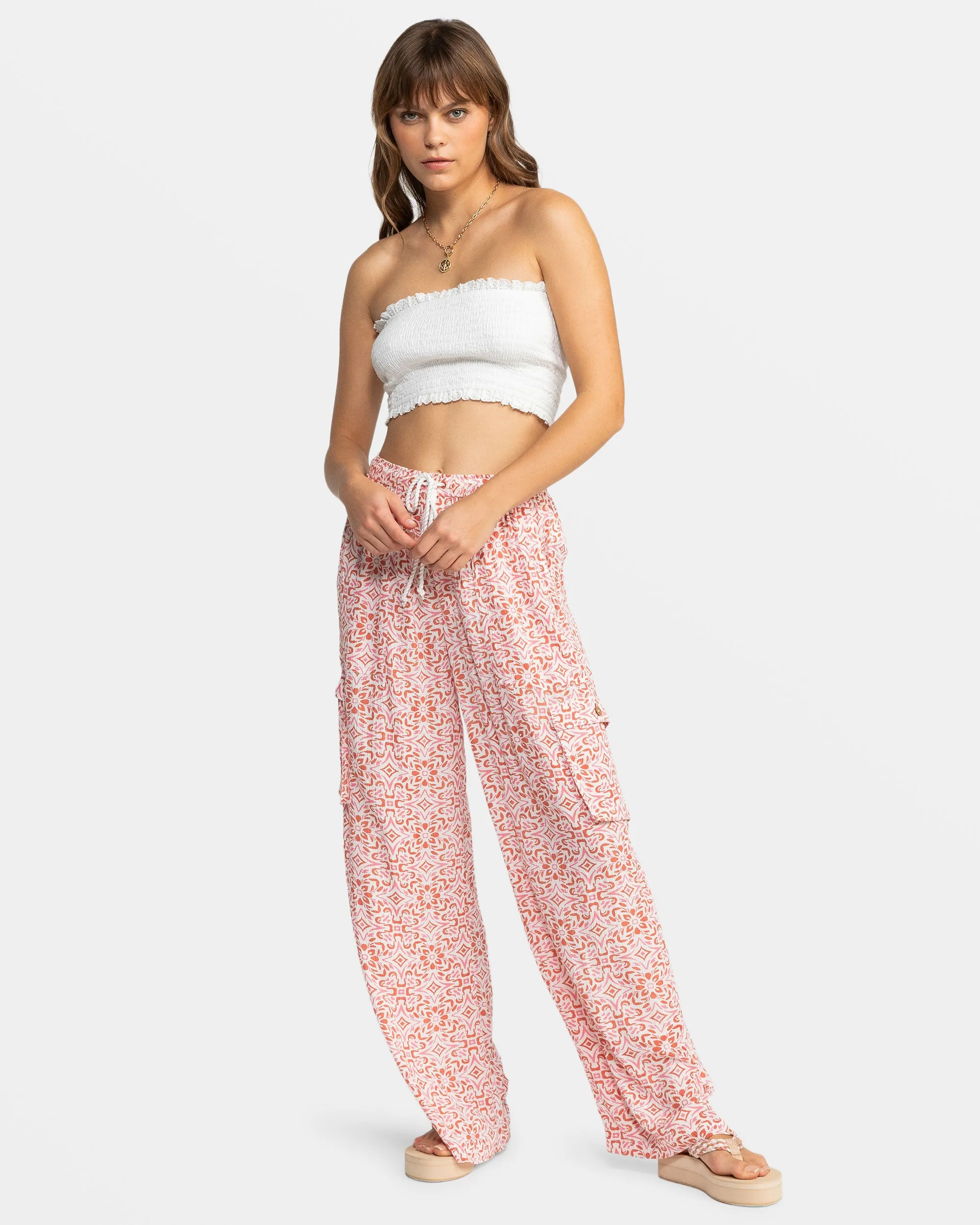 Precious Cargo Gauze High Waisted Pants - Cloud Dancer Fresco Tile