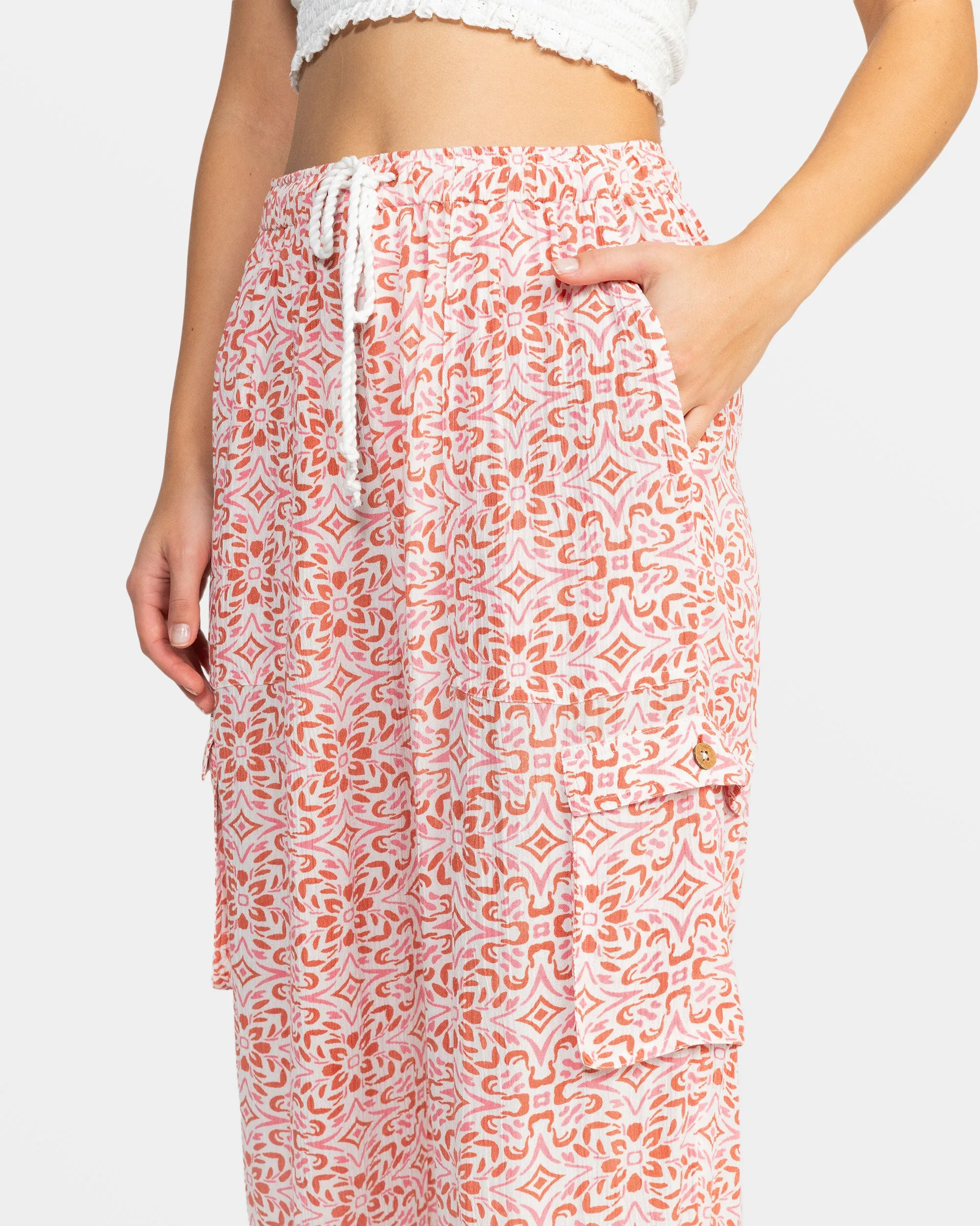 Precious Cargo Gauze High Waisted Pants - Cloud Dancer Fresco Tile