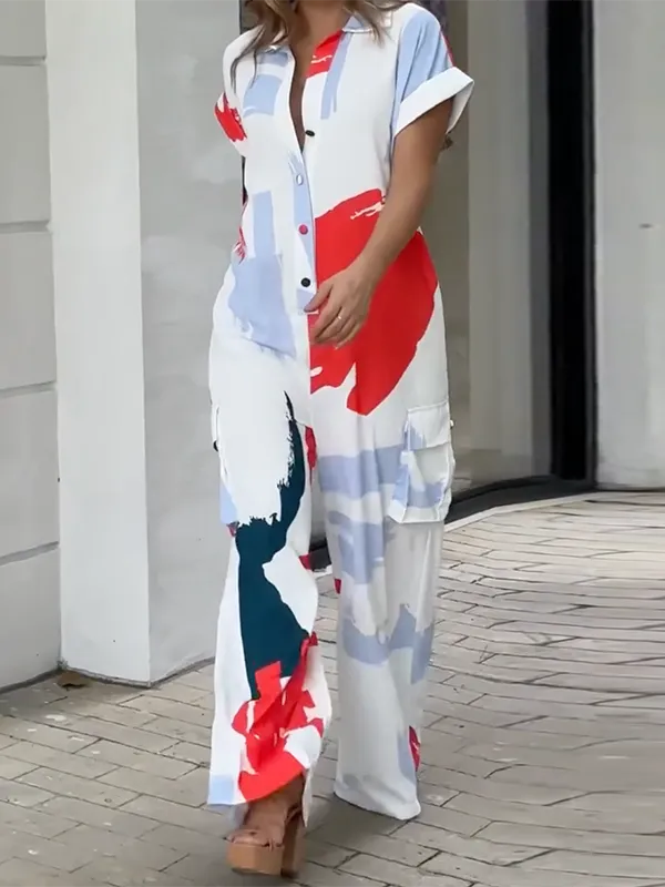 Printed Loose Wide Leg Lapel Collar Jumpsuits