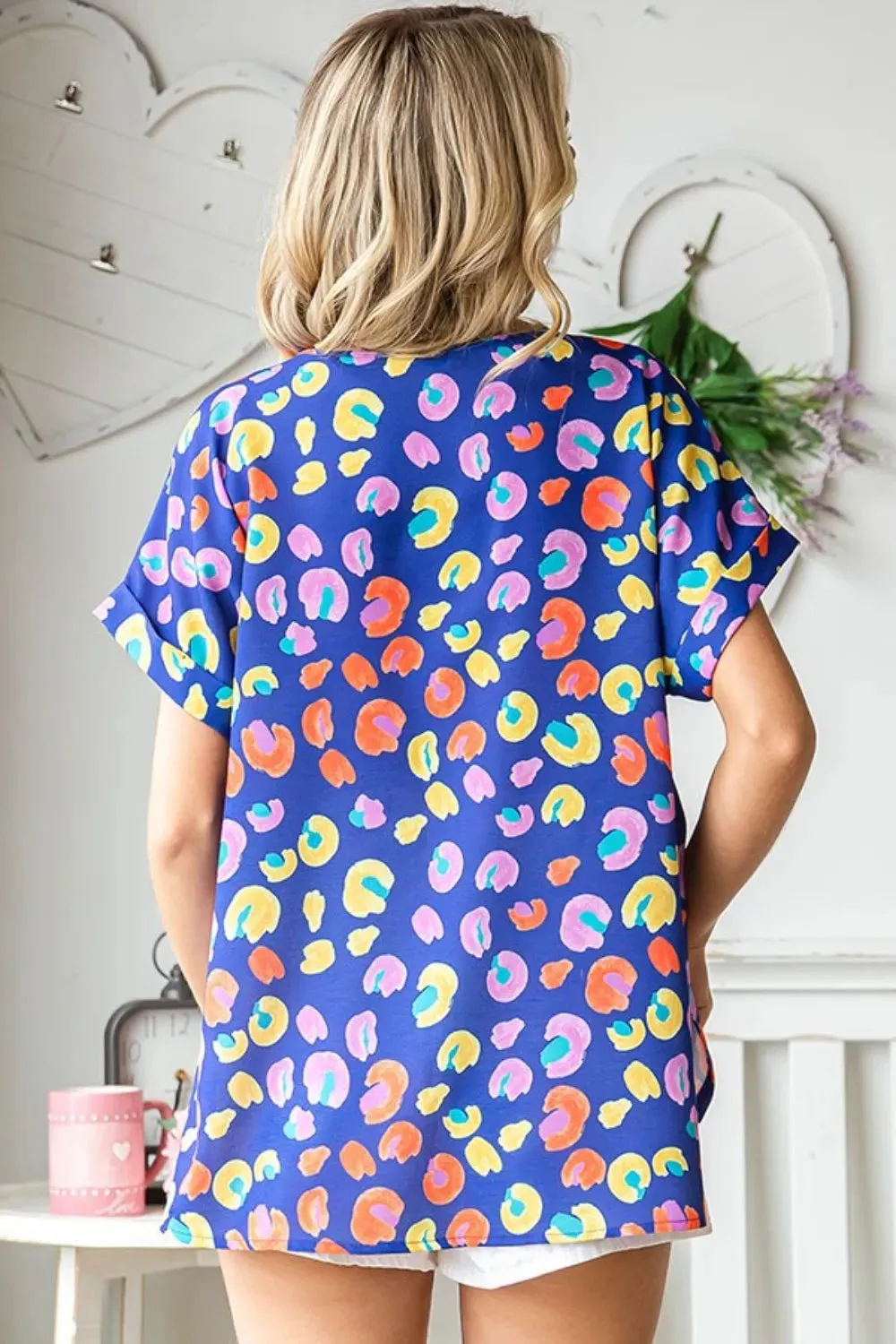 Printed V-Neck Short Sleeve Blouse