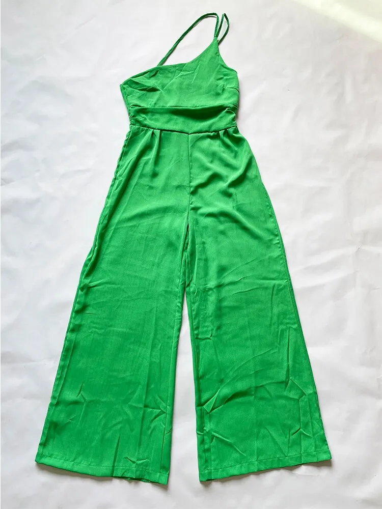 Purpdrank - Waist Folds Backless Double Strap Casual Wide Leg Jumpsuit Long Pants Green 2023 New Female Loose  Jumpsuit