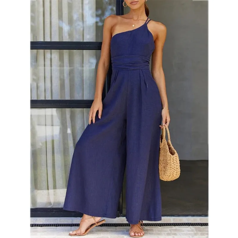 Purpdrank - Waist Folds Backless Double Strap Casual Wide Leg Jumpsuit Long Pants Green 2023 New Female Loose  Jumpsuit