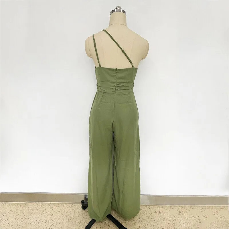 Purpdrank - Waist Folds Backless Double Strap Casual Wide Leg Jumpsuit Long Pants Green 2023 New Female Loose  Jumpsuit