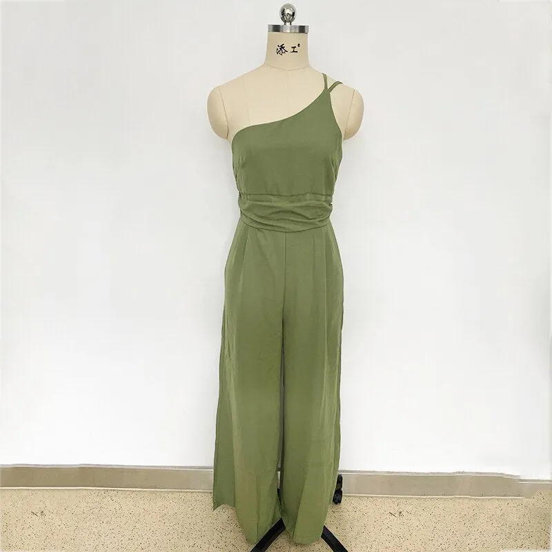 Purpdrank - Waist Folds Backless Double Strap Casual Wide Leg Jumpsuit Long Pants Green 2023 New Female Loose  Jumpsuit