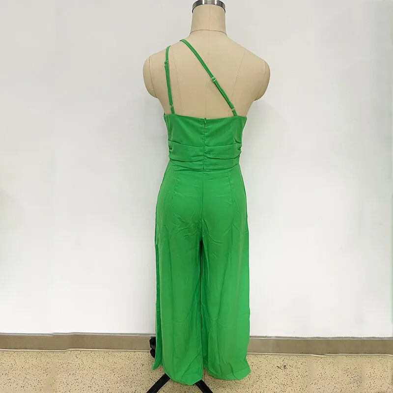 Purpdrank - Waist Folds Backless Double Strap Casual Wide Leg Jumpsuit Long Pants Green 2023 New Female Loose  Jumpsuit