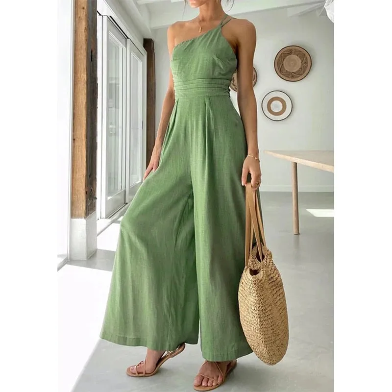 Purpdrank - Waist Folds Backless Double Strap Casual Wide Leg Jumpsuit Long Pants Green 2023 New Female Loose  Jumpsuit