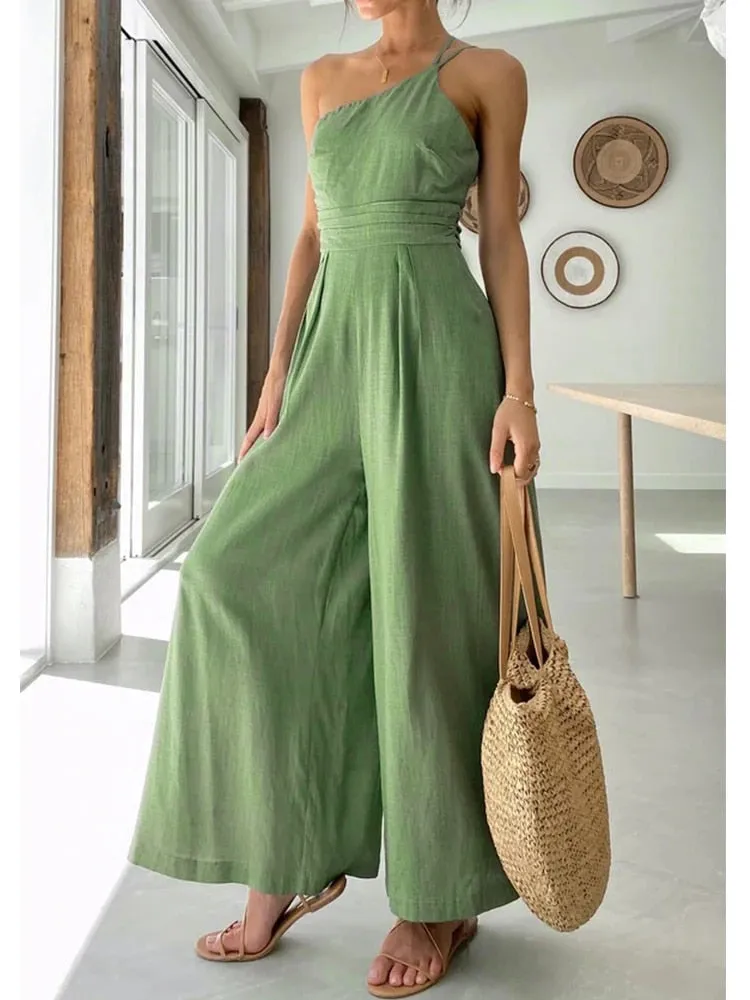 Purpdrank - Waist Folds Backless Double Strap Casual Wide Leg Jumpsuit Long Pants Green 2023 New Female Loose  Jumpsuit