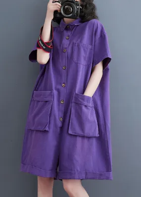 Purple Patchwork Denim Wide Leg Solid Denim Jumpsuit Short Sleeve