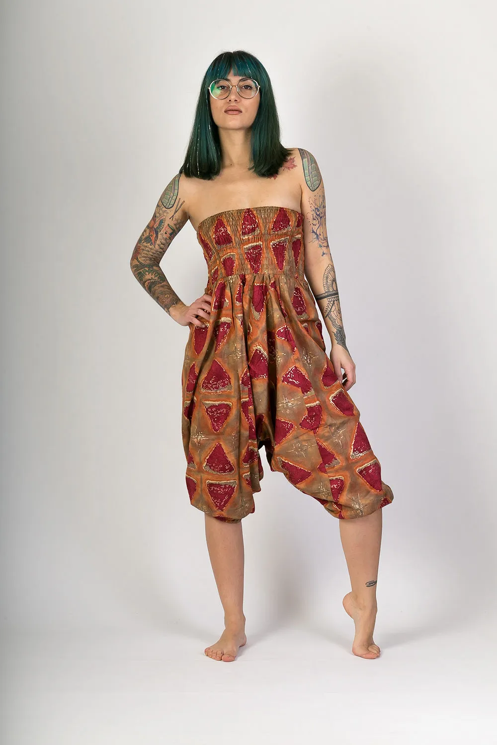 Red Print Cotton Harem Yoga Jumpsuit Pants