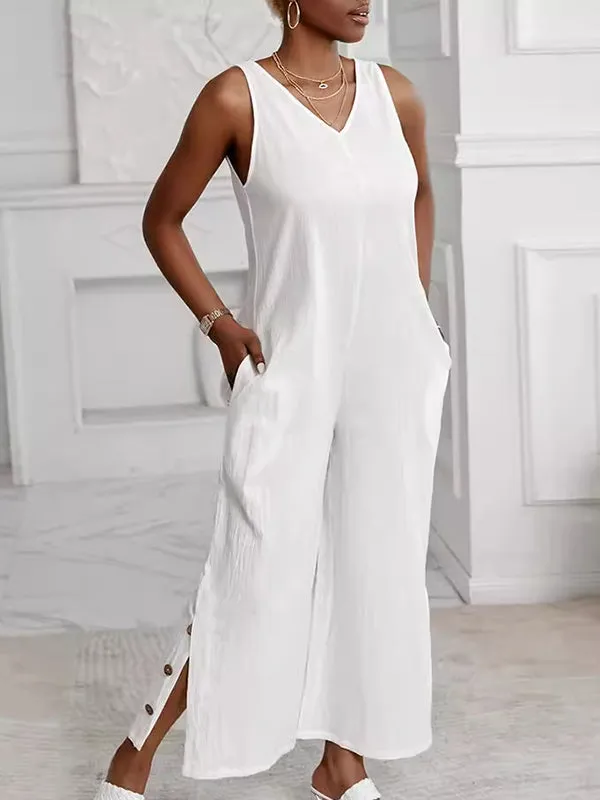 Solid Color Split-Side Loose Sleeveless V-Neck Jumpsuits