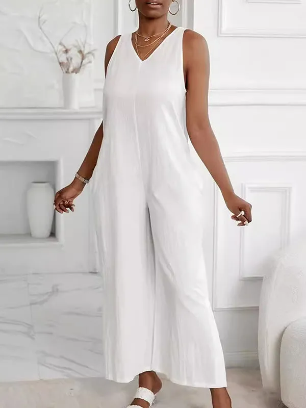 Solid Color Split-Side Loose Sleeveless V-Neck Jumpsuits