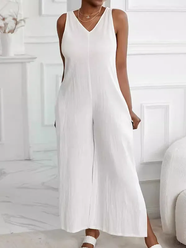 Solid Color Split-Side Loose Sleeveless V-Neck Jumpsuits