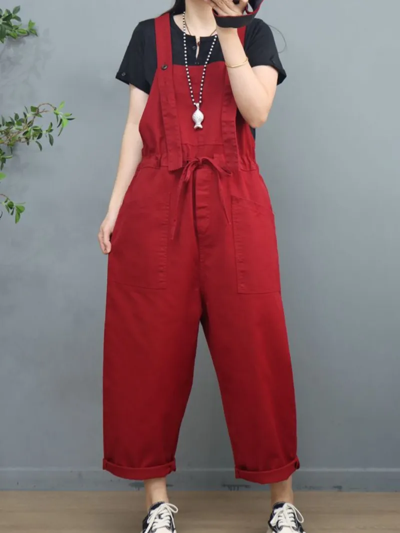 Stylish Waist Tie Belt Loose Wide-Leg Boho Pockets Overalls