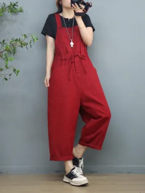 Stylish Waist Tie Belt Loose Wide-Leg Boho Pockets Overalls