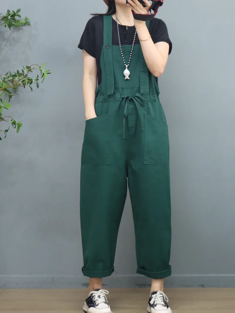 Stylish Waist Tie Belt Loose Wide-Leg Boho Pockets Overalls