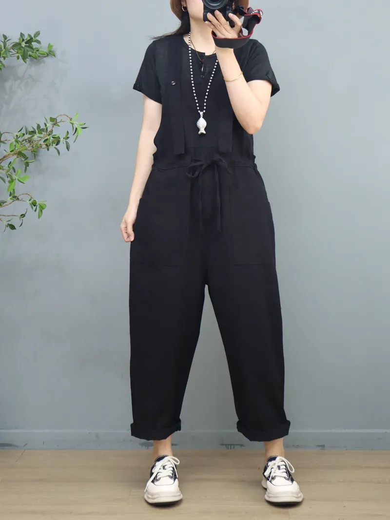 Stylish Waist Tie Belt Loose Wide-Leg Boho Pockets Overalls