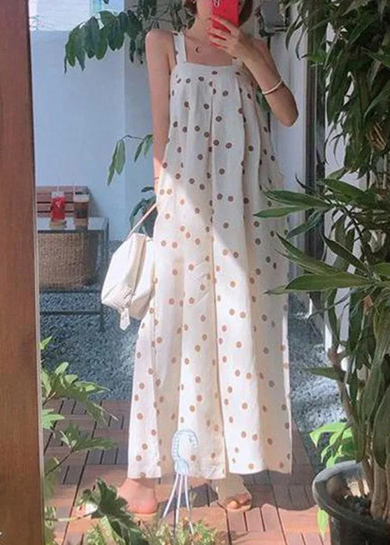 White Slash Neck Dot Chiffon Wide Leg Jumpsuits Summer