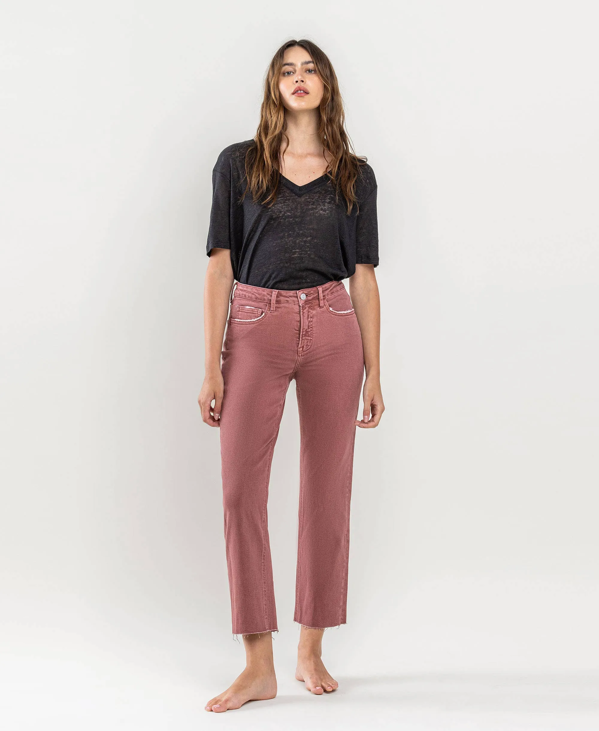 WINE TUMMY CONTROL HIGH RISE CROP STRAIGHT JEANS