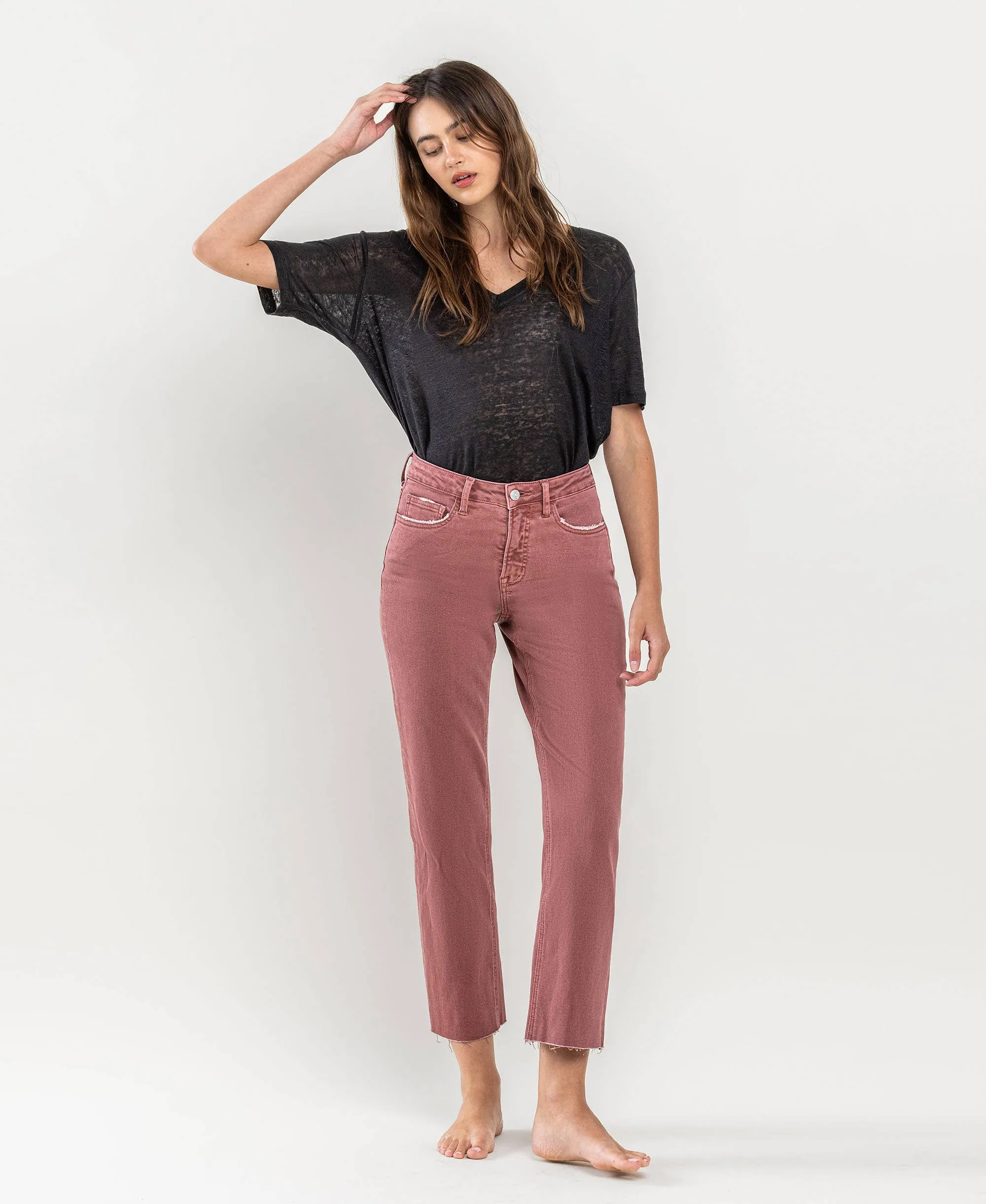 WINE TUMMY CONTROL HIGH RISE CROP STRAIGHT JEANS