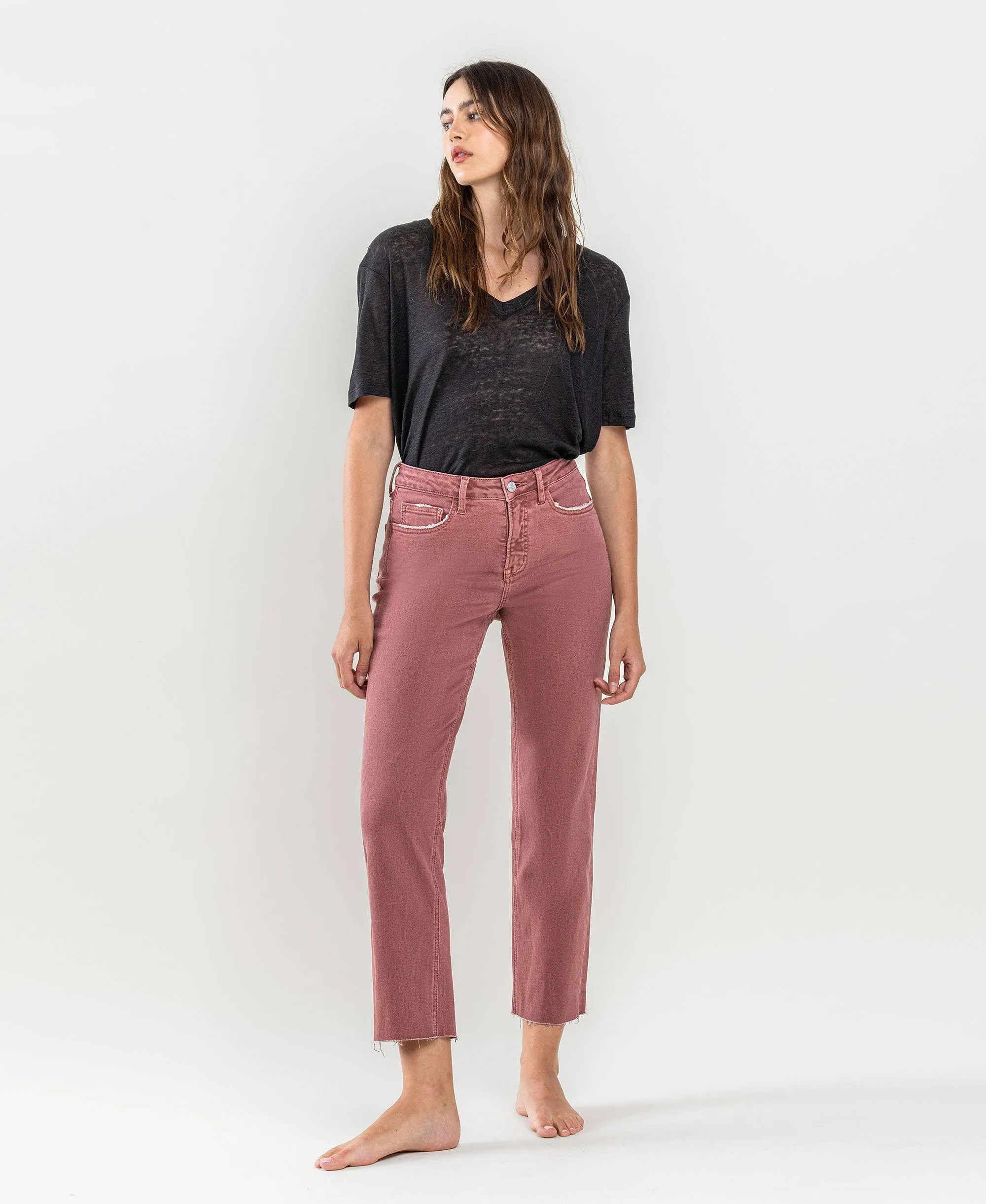 WINE TUMMY CONTROL HIGH RISE CROP STRAIGHT JEANS