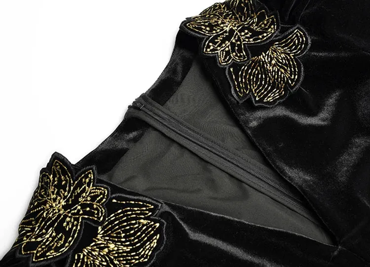 Women's Black Velvet Embroidered Jumpsuit