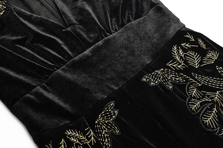 Women's Black Velvet Embroidered Jumpsuit