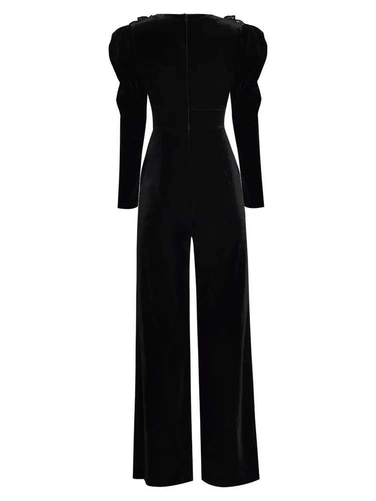 Women's Black Velvet Embroidered Jumpsuit